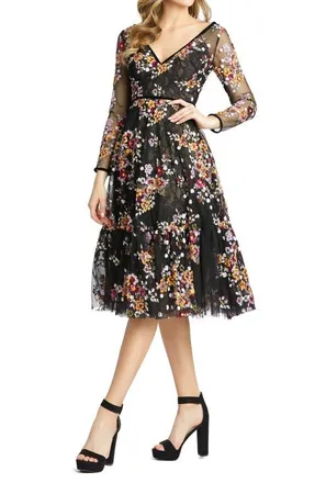 Mac Duggal Black Floral Embroidered Tea Length Dress in Black Multi at Nordstrom, Size 16