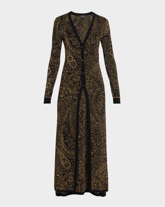 Etro Metallic Paisley Knit V-Neck Long Cardigan
