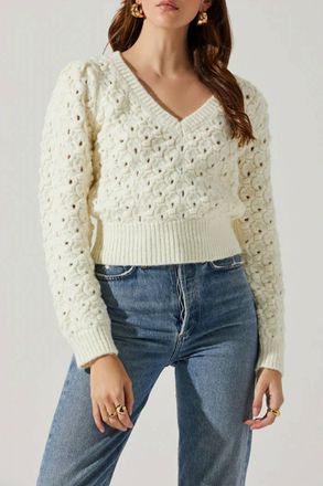 Astr Bianca V Neck Pointelle Sweater In Cream