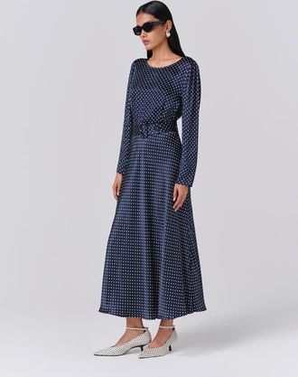Ghost London Sophia Polka Dot Belted Midi Dress in Navy Spot at Nordstrom, Size 12