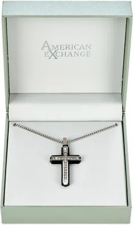 American Exchange Mens Crystal Studded Cross Pendant Necklace in Silver/Black at Nordstrom Rack