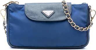Prada Pre-owned Womens Saffiano Trimmed Tessuto Chain Crossbody - Medium Blue Textile - One Size
