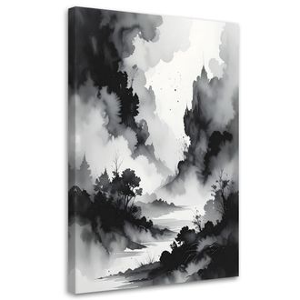 Feeby Cuadro En Lienzo, Monta&ntilde;as Y Bosque En La Niebla Paisaje Minimalista, 80x120
