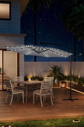 Living and Home Outdoor 32 LED Lighted Patio Umbrella with Crank Lift System with Base in Light Grey