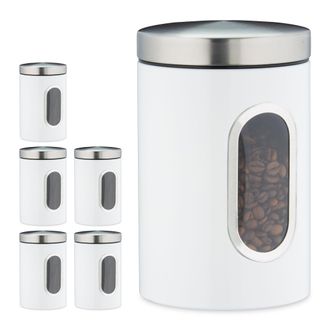 Relaxdays 6 X Recipiente De Almacenamiento, 1,4 L, Con Tapa Y Ventana, Para Caf&eacute;, Harina, Pasta, Bote Para Cocina, Metal, Blanco