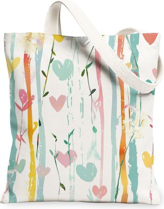 Generic Heart Pattern Canvas Tote Bags, Colorful Floral Design Reusable Shopping Bags, Spring Lightweight Washable Shoulder Strap C, White, 13x15 Inch