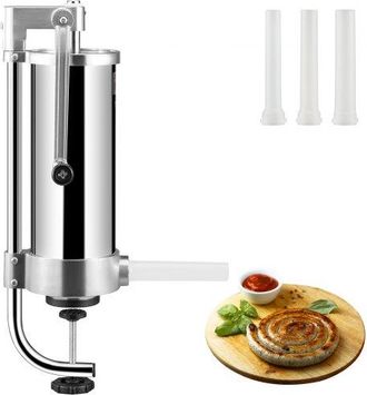 OEM Manueller Wurstf&uuml;ller Wurstf&uuml;llmaschine 3 L, Edelstahl + Aluminium Professionelle Silberne Wurstmaschine Inkl. 16 / 19 / 22 Mm F&uuml;llrohre, Vertikale Wu