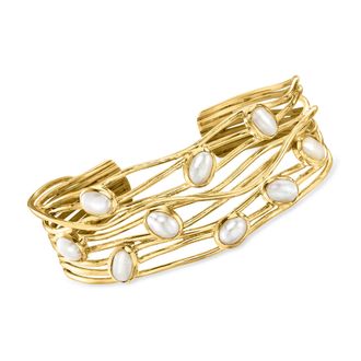 Ross-Simons 7x5mm Cultured Pearl Highway Cuff Bracelet in 18kt Gold Over Sterling
