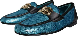Dolce & Gabbana Blue Sequined Loafers Formal Dress Mens Shoes