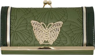 Generic Ladies Butterfly Stitches Card Slots Purse Metal Plate Foldout Womens Wallet Handbag (Green)