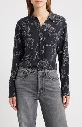 Rails Kate Jaguar Print Silk Button-Up Shirt in Black Jaguars at Nordstrom Rack, Size Xx-Small