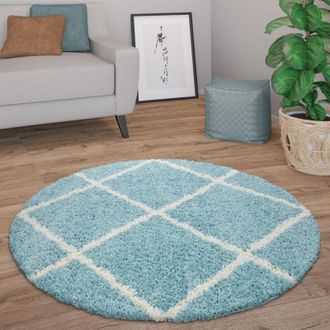 Paco Home Paco Home Alfombra Pelo Largo Redonda Salón Moderna Shaggy Escandinava Rombos Turquesa, Ø 200 cm redon
