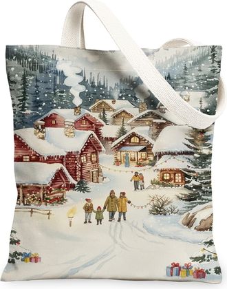 Generic Winter Village Canvas Tote Bags, Cozy Rustic Reusable Grocery Bags, Holiday Lightweight Washable Shoulder Strap for Travel, White, 13x15 Inch