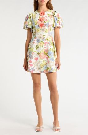 Sugarlips Rosette Puff Sleeve Dress in Cream-Multi at Nordstrom, Size X-Large