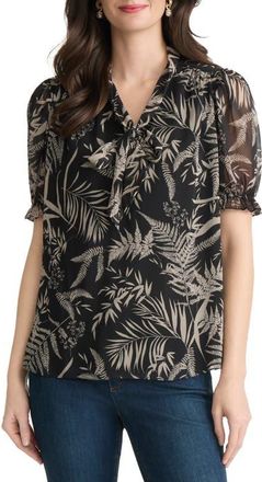 Jones New York Tie Neck Puff Sleeve Top in Jones Black/jones Khaki at Nordstrom, Size X-Small