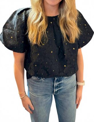 Jade Yoga Pleated Puff Sleeve Top In Black Organza