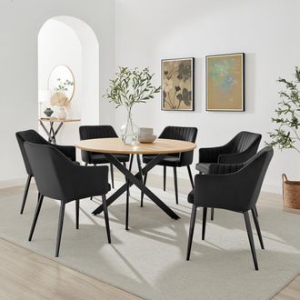 Furniturebox Novara 120cm Oak Effect Dining Table & 6 Calla Black Velvet Chairs