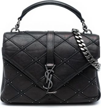 Saint Laurent Borsa a tracolla College media in pelle di vitello iridescente trapuntata con monogramma e borchie 2017 - Nero