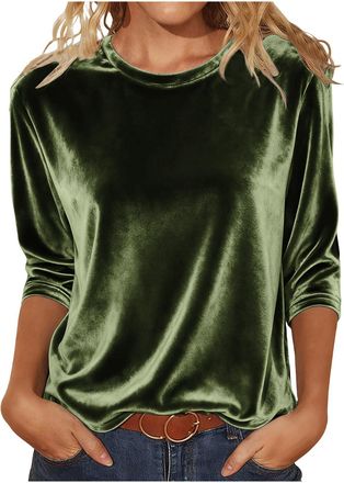 Generic 3/4 Sleeve Velvet Tops for Women UK Elegant Crew Neck Solid Blouse Casual Classic Three Quarter Sleeve Shirts Puff Lightweight Tops Ladies Slim Fit Bl