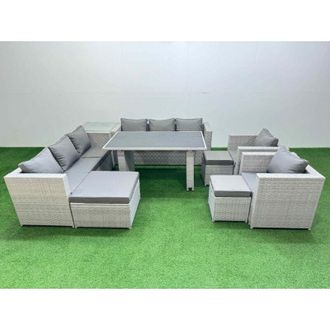 Fimous 11 Seater Wicker pe Rattan Furniture Outdoor Dining Table 3 Seater Sofa Armchair Set with Side Table 3 Stools Light Grey - Fimous