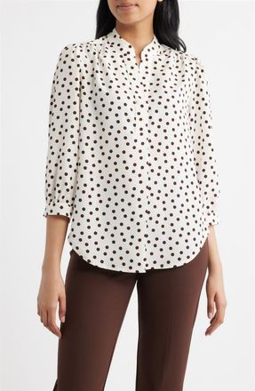 Anne Klein Polka Dot Split Neck Cr&ecirc;pe de Chine Top in White Dove/Chocolate at Nordstrom, Size X-Large