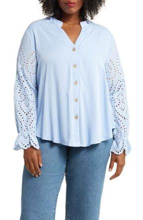 Forgotten Grace Embroidered Eyelet Long Sleeve Button-Up Shirt in Denim at Nordstrom Rack, Size 1X
