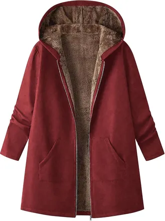 Generic Womens Winter Coat with Hood Warm Fleece Lined Fuzzy Full Zip Hooded Jacket Sweatshirts with Pockets Casual Mid Length Casual Ladies Warm Jumper Coats