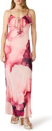 Steve Madden Maxina Cloud Print Ruffle Neck Maxi Dress in Coral Cloud at Nordstrom, Size Medium