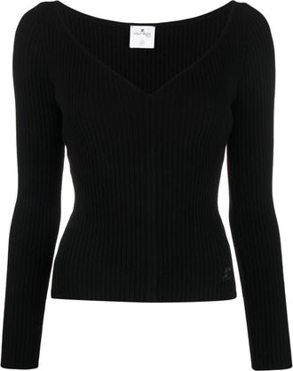 Courr&egrave;ges V-neck ribbed jumper - women - Polyester/Viscose - M - Black