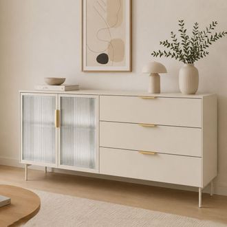 Dmora Aparador Hara, Mueble Con Un Estante, 3 Cajones, 2 Puertas, 181x39x83h Cm Beige Cashmere