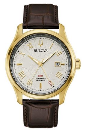 Bulova Wilton GMT Automatic Leather Strap Watch, 43mm in Gold-Tone at Nordstrom