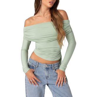 Edikted Off the Shoulder Side Ruched Knit Top in Green at Nordstrom, Size Medium