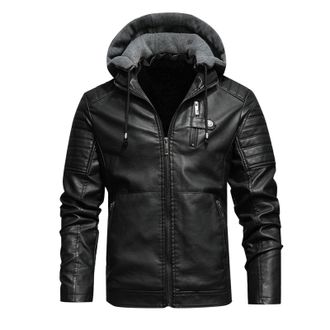 Generic Mens Leather Jackets Motorcycle Motorbike Biker Winter Jacket Sherpa Fleece Lined Long Sleeve Casual Hooded Vintage Jacket PU Faux Leather Coat Leathe