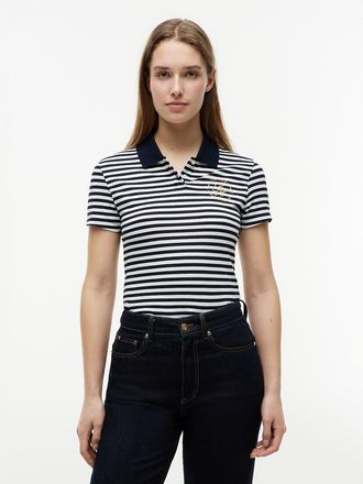 Tommy Hilfiger Womens Slim Fit Metallic Script Monogram Polo - Navy Blue / Ecru Stripe - XS