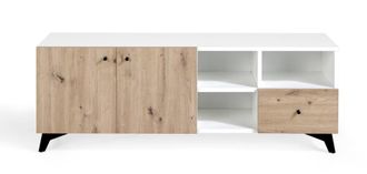 Pondecor Interiorismo Mueble TV HANOVER en MDF roble y blanco polar. Patas metal negro