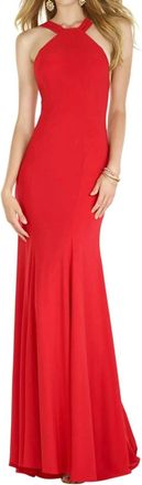 Alyce Paris Long Jersey Knit Halter Dress In Red