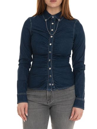 TDEOK Camicia da donna, lunga, oversize, in jeans, a maniche lunghe, blu scuro, con bottoni, in denim, camicia vintage con scollo a V, camicia in jeans estiva, Z blu, S