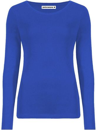 Janisramone Womens Ladies Round Neck Long Sleeve T-Shirt Stretchy Plain Fitted Basic Jersey Casual Tee Top Royal Blue