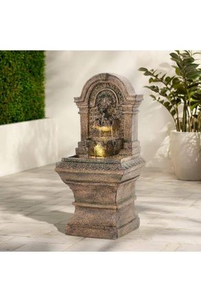 H&O Direct Lion Head Garden Decor Solar-Powered Water Fountain in Natural