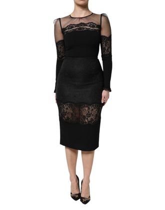 Dolce & Gabbana Black Lace Trim Nylon Tulle SheathMidi Womens Dress