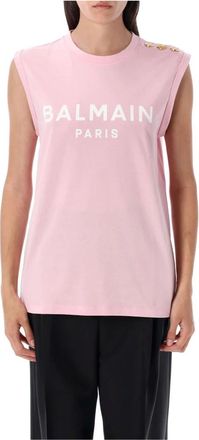Balmain Sleeveless Tops, female, Pink, S, Rose Tank Top Cotton Jersey Stylish Logo