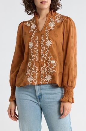 Forgotten Grace Floral Embroidered Smocked Cuff Top in Cinnamon at Nordstrom Rack, Size X-Large
