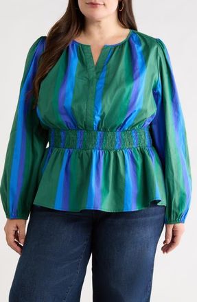 Sugarlips Dolary Stripe Mirana Peplum Popover Top in Emerald-Blues at Nordstrom, Size 3X