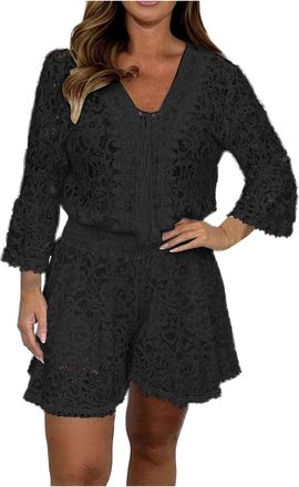 Generic Women Lace Co Ord Sets Sexy V Neck 3/4 Sleeved Top Shorts Suits Elegant Embroidery Hollow Party Outfits Holiday Outdoor Shorts Two Piece Summer Beachw