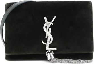 Saint Laurent Borsa a tracolla Classic Monogram in velluto con catena e nappa - Verde