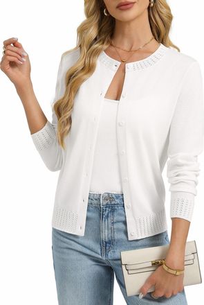 Grace Karin Womens Cardigans Long Sleeve, Rundhals Button Down Cardigans for Women UK, Business Casual Blazer Bolero White S