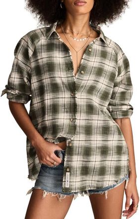 Lucky Brand Frayed Plaid Button-Up Tunic Shirt in Olive Green Plaid at Nordstrom, Size X-Large