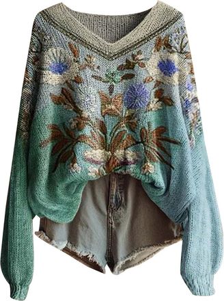 Generic Womens Jumpers V Neck Long Sleeve Knit Sweater Floral Boho Knitwear Ladies Casual Retro Sweaters Lightweight Soft Comfortable Pullover Tops Autumn Win