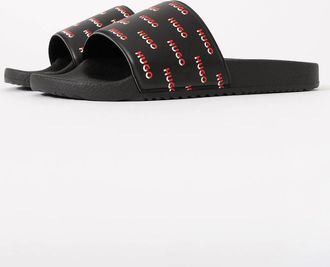 HUGO BOSS Mens HUGO Mens Italian-made slides with split-logo uppers - Black 001 - Size: 11