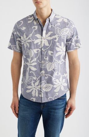 Reyn Spooner Tiare Pareau Floral Cotton Button-Down Shirt in Cadet at Nordstrom, Size Xx-Large